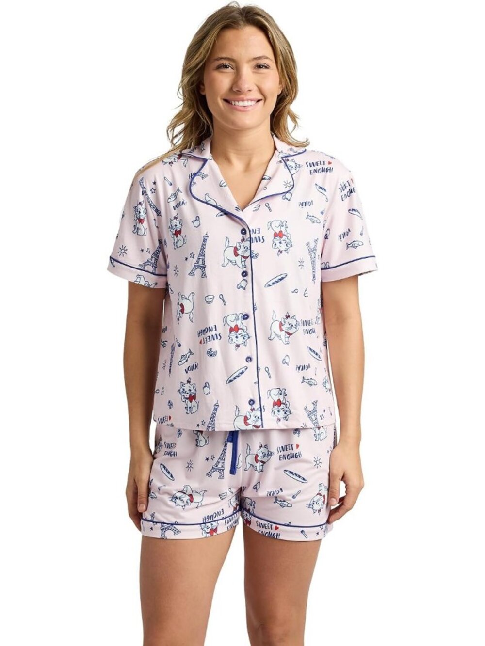 Chic Women's Notch Collar Button-Down Shirt & Shorts Sleepwear Set - Disney